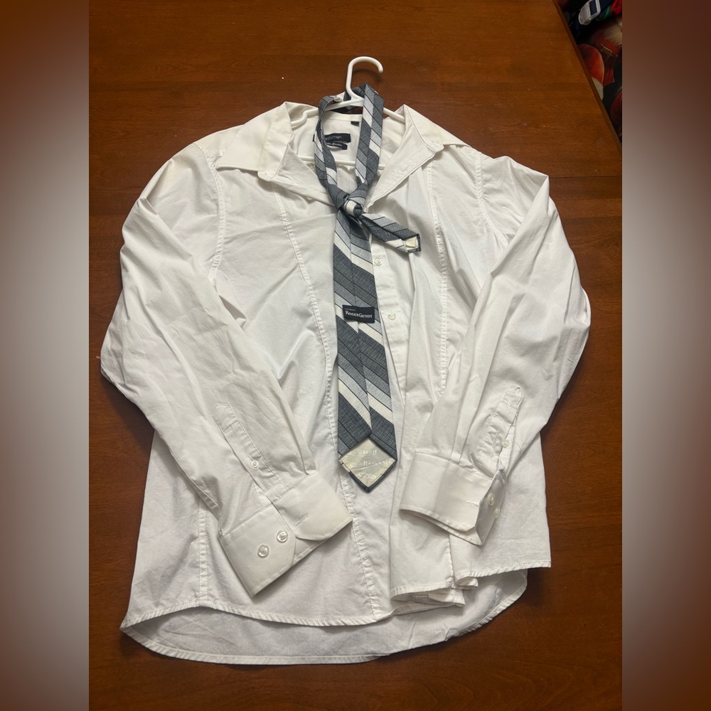 Elegant White Button-Down Shirt with Striped Tie